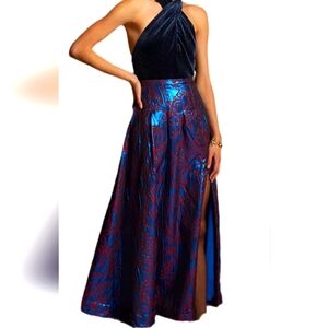 Anthropologie Maeve metallic blue red abstract Shimmer pleated Maxi Skirt 6P NWT